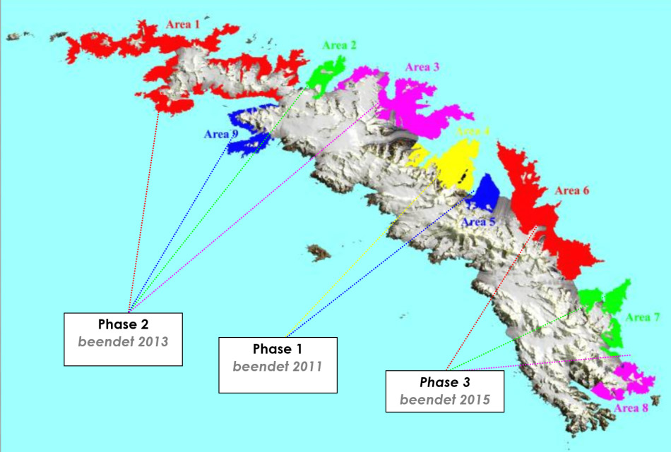 Gletscher unterteilen die Insel und trennten die Rattenpopulationen. Aufgrund der geografischen Umstände und aus finanziellen Gründen wurde das Projekt in insgesamt drei Köderphasen eingeteilt. Bild: South Georgia Heritage Trust