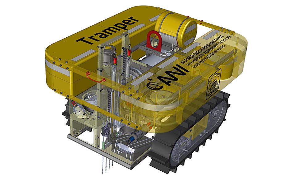 CAD-Entwurfsskizze des AWI-Tiefseeroboters TRAMPER, entwickelt im ROBEX-Projekt. Skizze: Johannes Lemburg, AWI